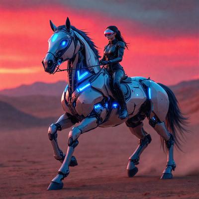 The primary subject of the image is a woman riding a futuristic, robotic horse. The setting is a desert-like environment, with a sunset in the background. The visual style is a combination of photo and digital art, creating a unique and captivating scene. The colors and mood of the image are predominantly warm and vibrant, with the sunset adding a sense of depth and atmosphere to the scene.